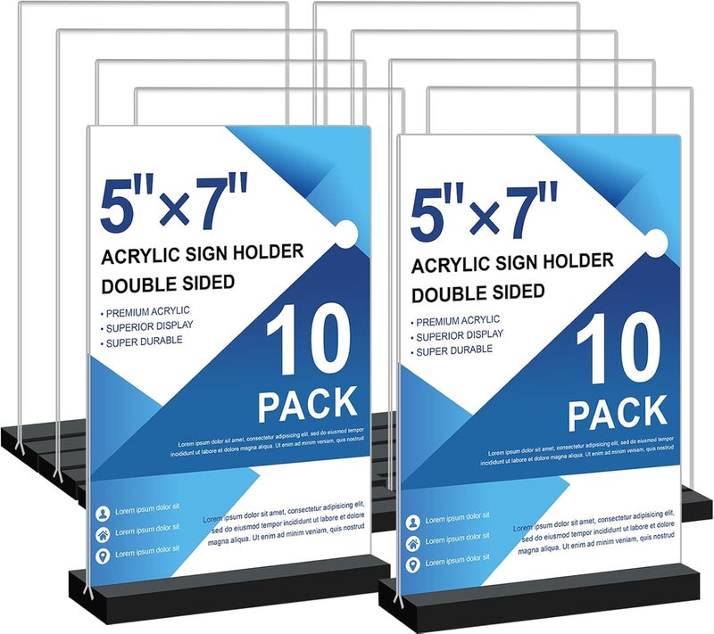 Seencool Acrylic Sign Holder 5x7 - 10Pack Vertical Double Sided Acrylic Sign Stands, Clear Table Menu Display Stand Paper Holder, Plastic Flyer Holder, Vendor Booth Display Items - Image 1
